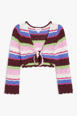 MULTI COLOURED TIE-FRONT CROCHET CARDIGAN from MONKI 