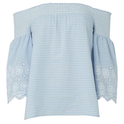 Blue And White Striped Shirred Broderie Bardot Top