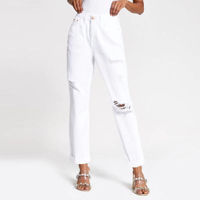 Petite White Mom High Rise Ripped Jeans