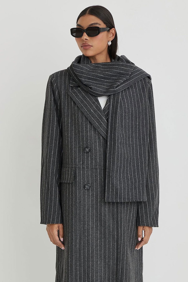 Pinstripe Tailored Oversized Maxi Coat With Scarf from 4th & Reckless