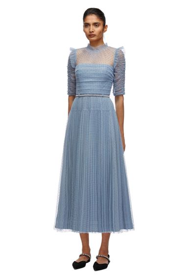 Dot Mesh Trim Midi Dress