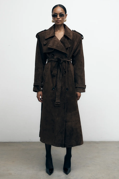 Brown Suede Trench Coat from De Savary London