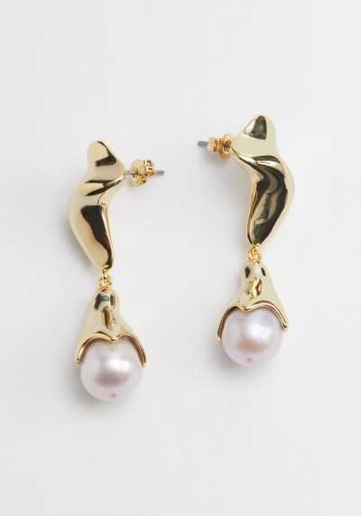 Gold Pearl Pendant Earrings