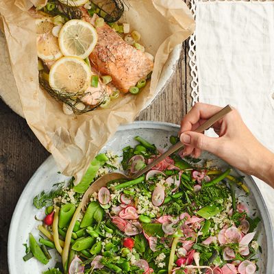 Salmon, Bean & Bulgur Wheat Salad With Quick Pickled Radishes