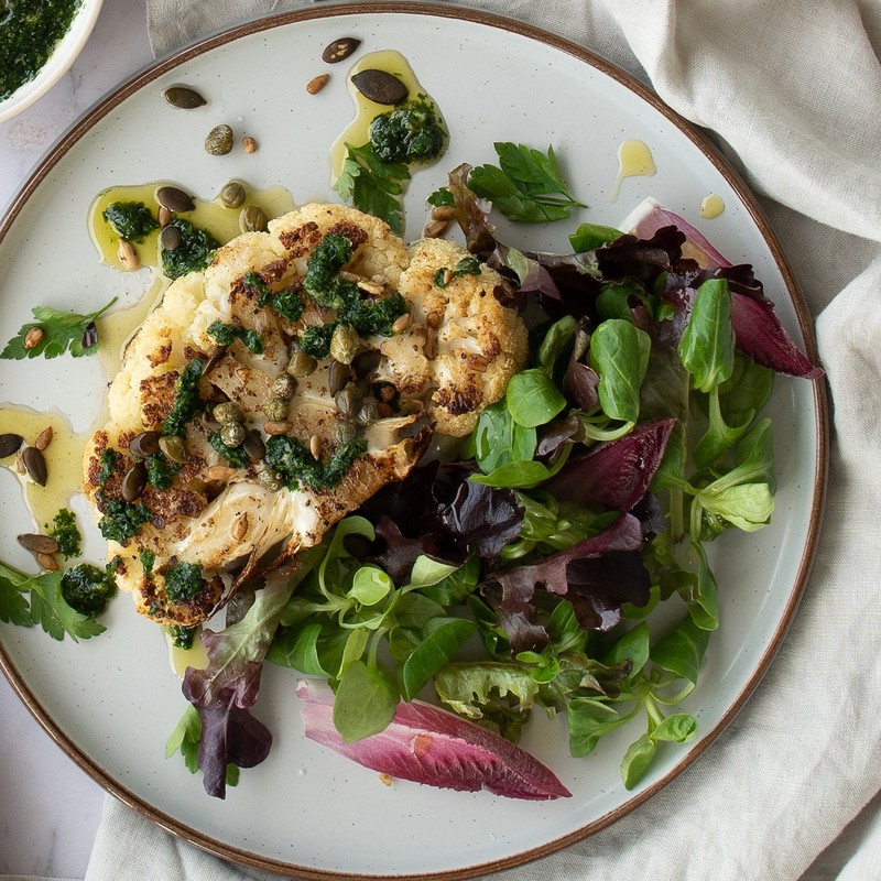 Roasted Cauliflower Steaks with Parsley Salsa
& Mild Chilli Munchy Seeds