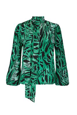 Moss-Green Tiger Stripe Blouse with Necktie from Rixo London