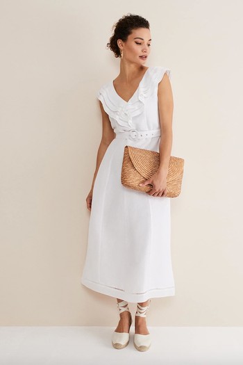 Julieta White Linen Ruffle Broderie Midi Dress