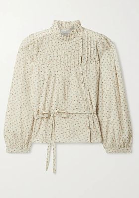 Palmera Belted Pintucked Floral-Print Voile Blouse from Dôen 