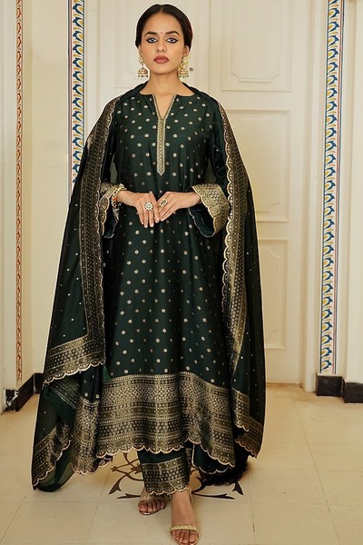 Dark Green Self Woven Vegan Silk Kurta Set from Safaa