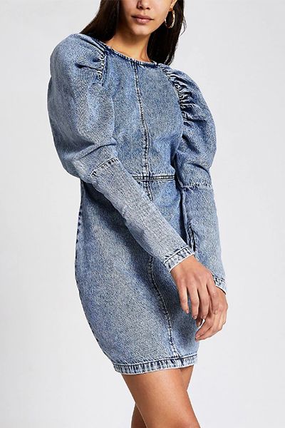 Blue Puff Sleeve Bodycon Denim Mini Dress from River Island