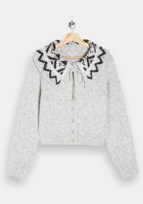 Grey Fairisle Collar Knitted Cardigan