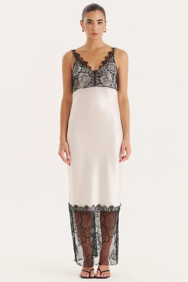 Satin Lace Trim Maxi Dress from 4th & Reckless 