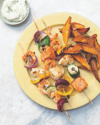 Salmon, Prawn And Vegetable Kebabs