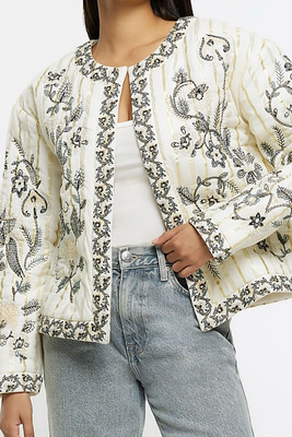 Cream Quilted Embroidered Floral Jacket from River Island