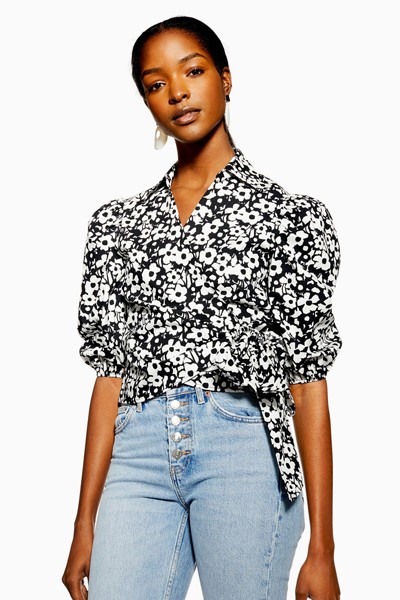 Monochrome Floral Poplin Wrap Blouse