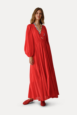 Long Dress In Cotton And Silk Voile - Red