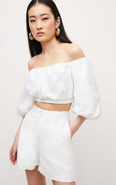 Tailored Linen Blend Bardot Volume Sleeve Crop Top