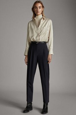 Navy Darted Houndstooth Wool Trousers from Massimo Dutti