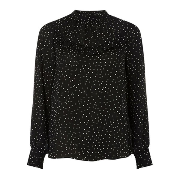 Black Spotted Ruffle Long Sleeve Top