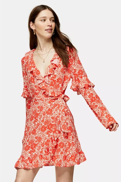 Red Ruffle Wrap Dress