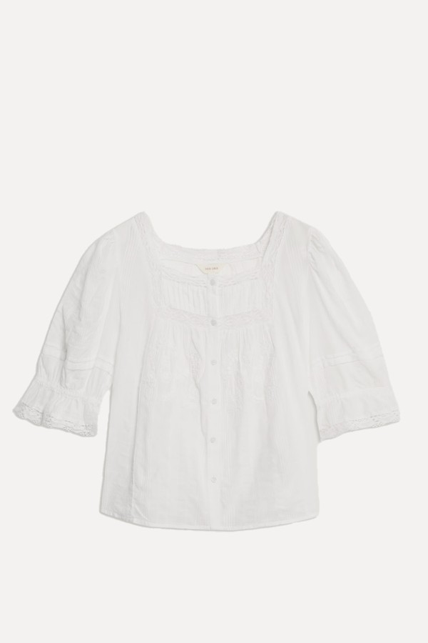 Pure Cotton Round Neck Ruffle Blouse from Per Una