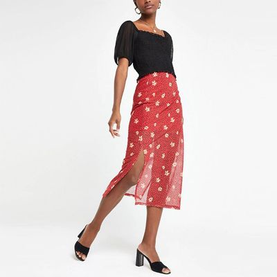 Red Floral Print Mesh Midi Skirt
