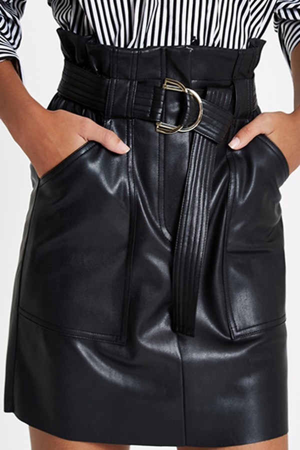 Black Paperbag Waist Faux Leather Mini Skirt