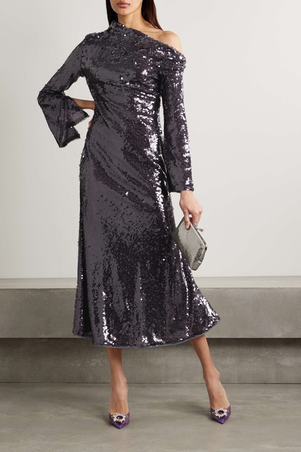 Asymmetric Sequined Mesh Midi Dress from Self Portrait