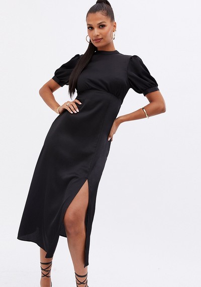 Black Crepe High Neck Puff Sleeve Open Back Midi Dress