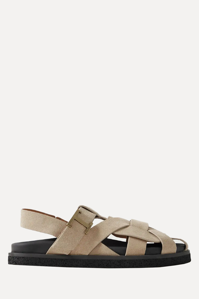 T Timeless Embellished Woven Suede Slingback Sandals from Tod's