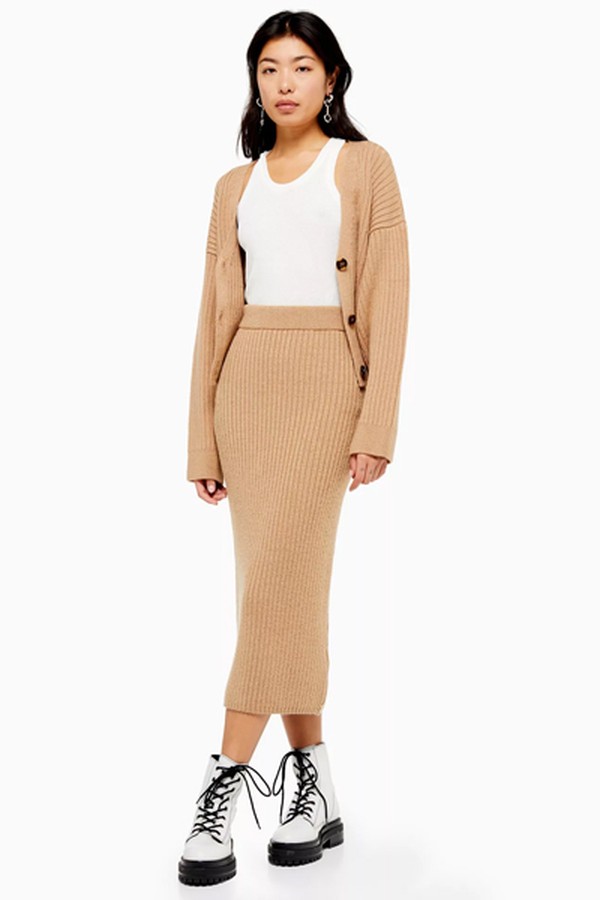 Camel Ribbed Midi Skirt from Topshop