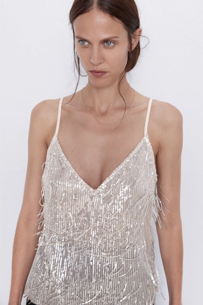 Sequinned  T-Shirt With Fringe from Zara