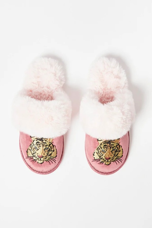 Tiger Pink Velvet Slippers & Drawstring Bag from Oliver Bonas