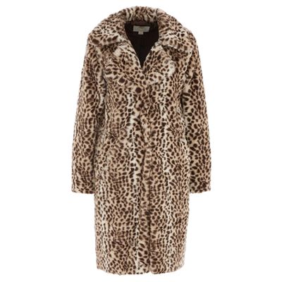 Beige Animal Print Faux Fur Coat