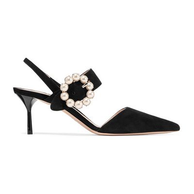 Faux Pearl-Embellished Suede Slingback Pumps from Miu Miu