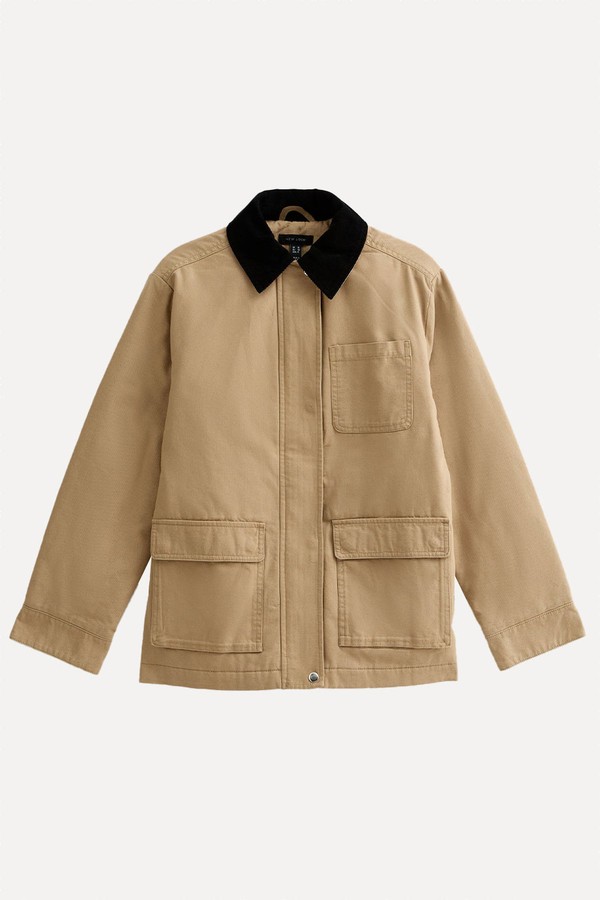 Contrast Collar Midi Barn Jacket