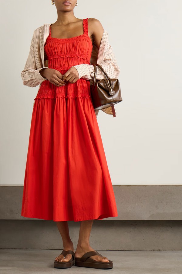 Marianne Shirred Cotton-Poplin Midi Dress from DÔEN