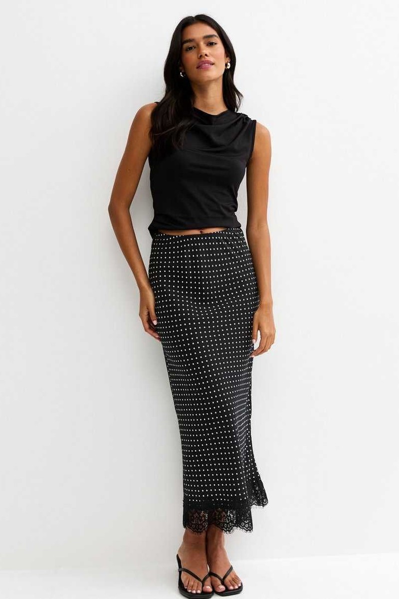 Lace Trim Spot Print Bias Cut Midi Skirt