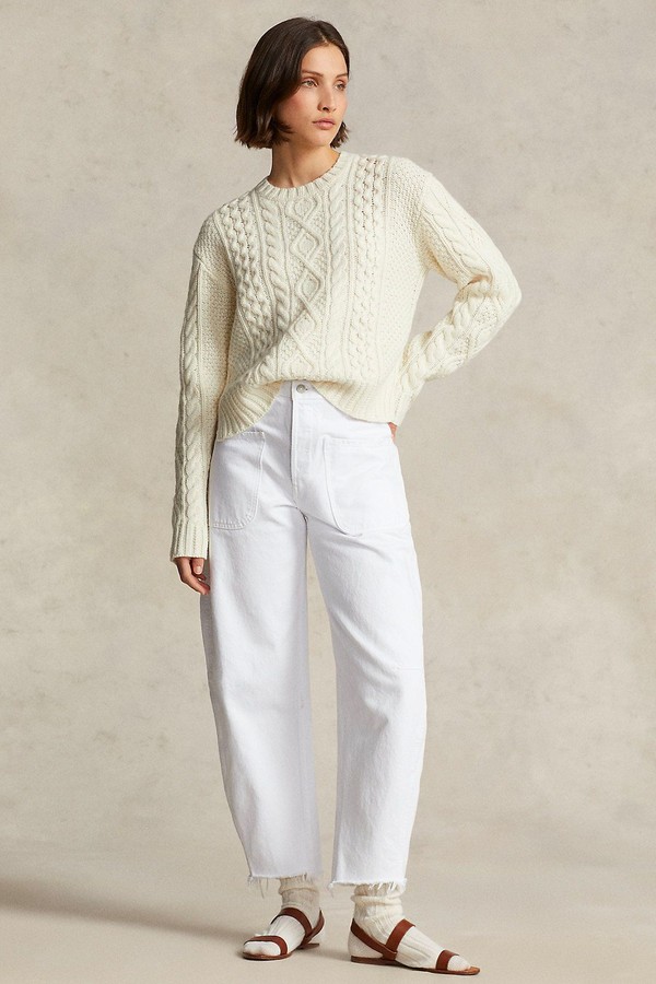 Aran Knit Wool Blend Crewneck Jumper