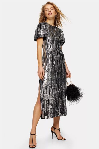 Silver Puff Sleeve Sequin Midi Dress