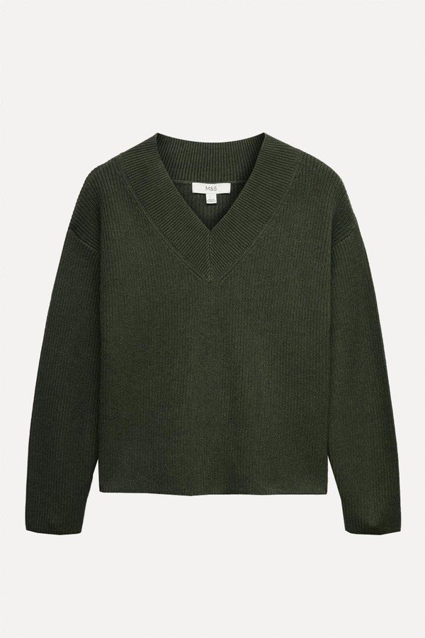 Ribbed V-Neck Relaxed Jumper from Marks & Spencer