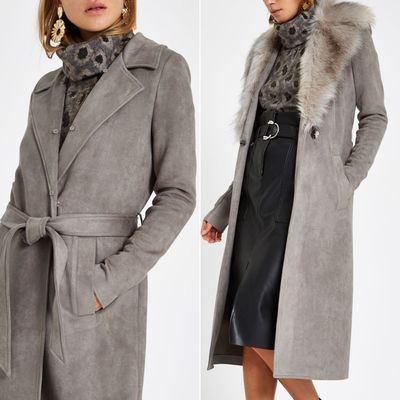 Grey Suede Belted Faux Fur Robe Coat