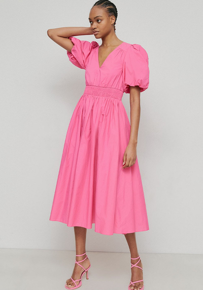 Cotton Poplin V Neck Puff Sleeve Midi Dress from Warehouse