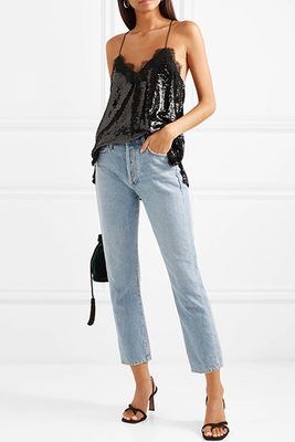 The Racer Lace-Trimmed Sequined Crepe Camisole from Cami NYC