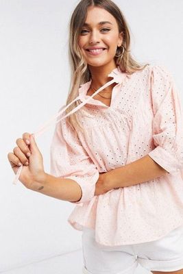 Influence Broderie Smock Top With Tie Front from ASOS