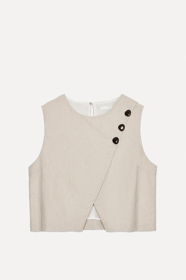 Short Crossover Linen Blend Top