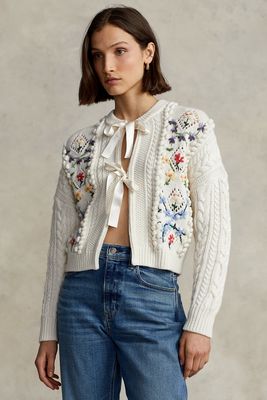Embroidered Cable Wool Blend Cardigan