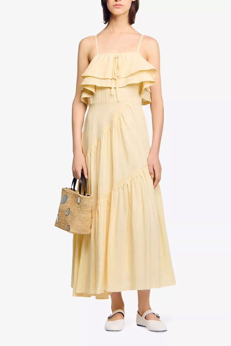 Ruffled Sleeveless Linen-Blend Maxi Dress from Sandro