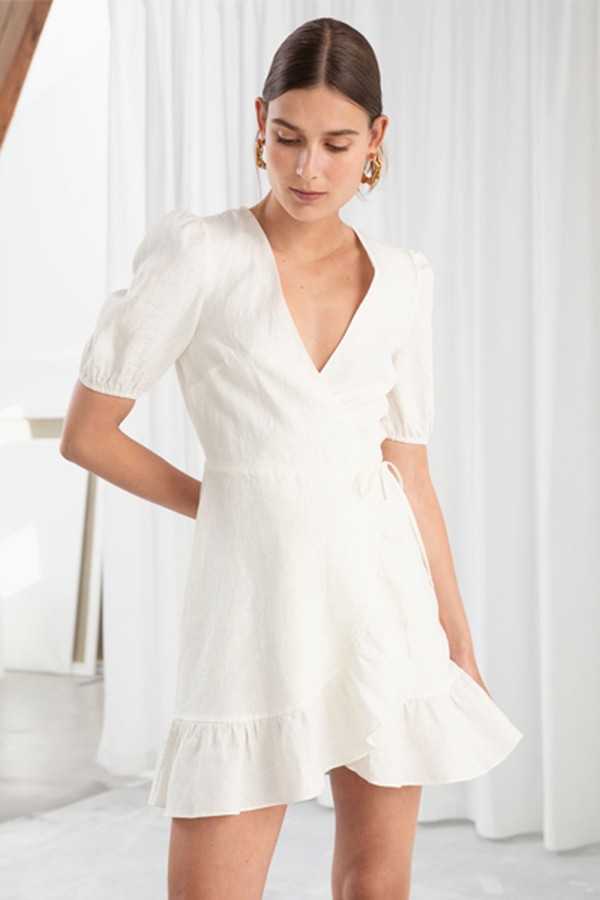 Puff Sleeve Linen Wrap Mini Dress