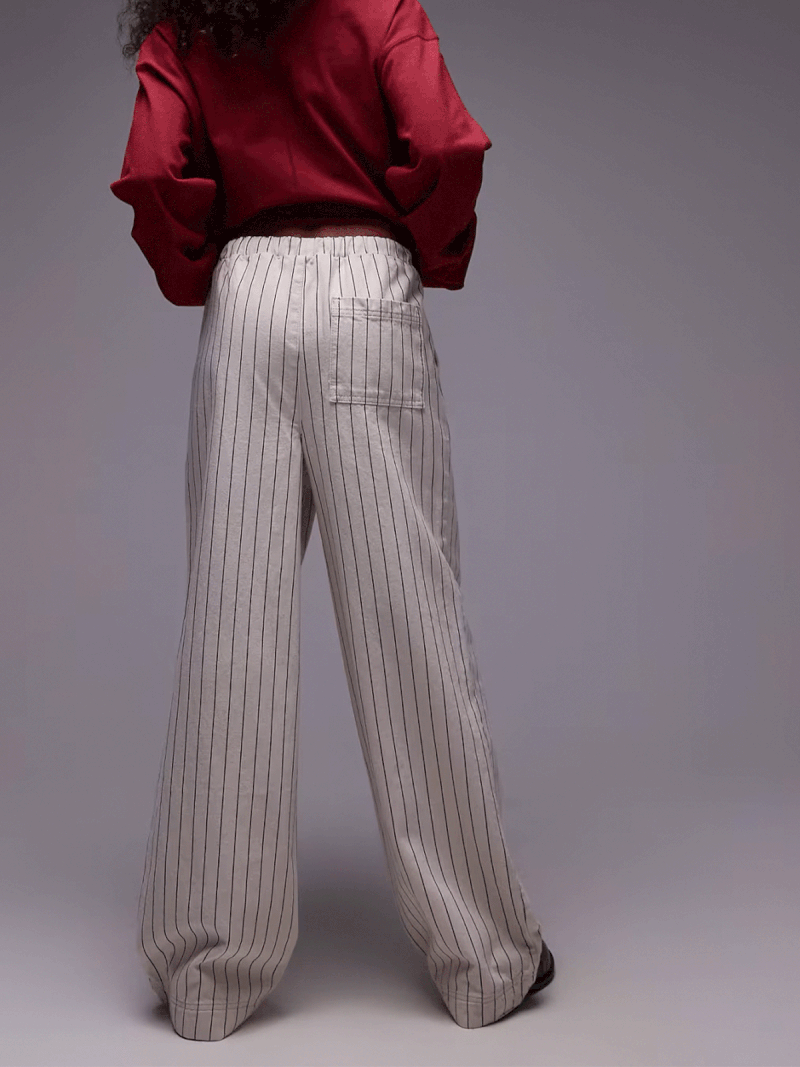Pull On Tie Waist Stripe Straight Leg Trousers